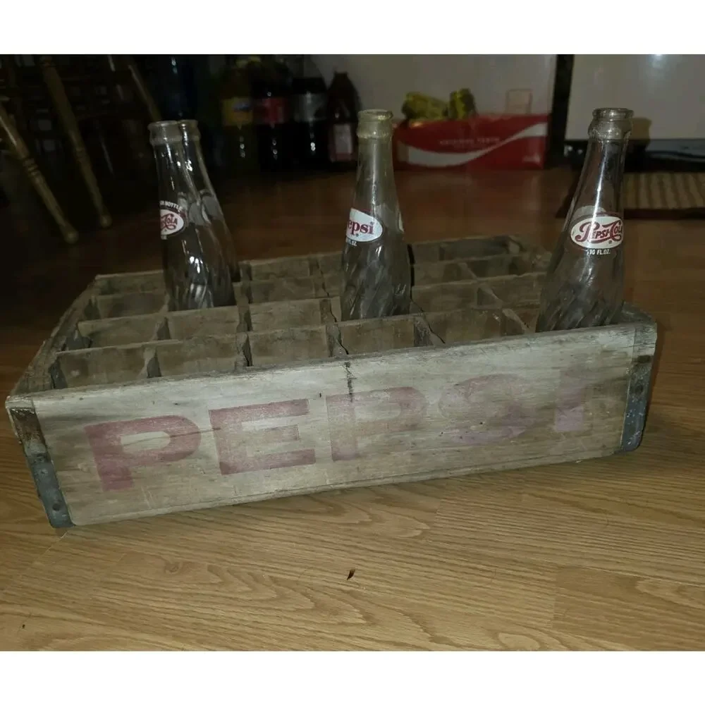 Vintage 24 Bottle Pepsi-Cola 1950s Wooden Bottle Crate W/4 Bottles Primitive